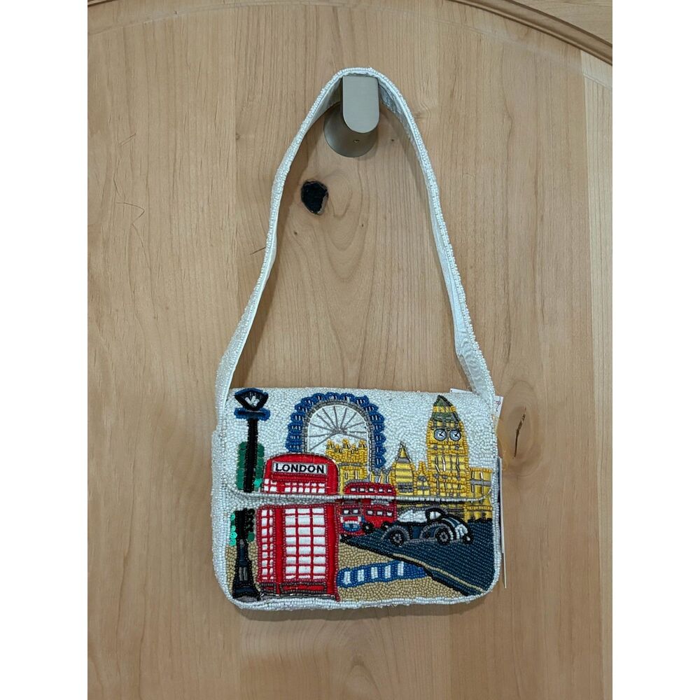 Handcrafted Beaded London Skyline Flap Shoulder Bag NWT